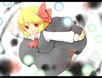  :d bad_id bad_pixiv_id blonde_hair blouse danmaku darkness ellipsis_(mitei) hair_ribbon highres open_mouth outstretched_arms red_eyes ribbon rumia short_hair skirt smile spread_arms touhou v-shaped_eyebrows vest 