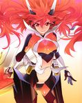  absurdres amou_kanade ass_visible_through_thighs bodysuit breasts hair_between_eyes headgear highres huge_weapon large_breasts long_hair navel official_art orange_bodysuit orange_eyes polearm red_hair scan senki_zesshou_symphogear shiny shiny_clothes skin_tight solo symphogear_pendant very_long_hair weapon yoshii_dan 