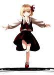  bare_legs blonde_hair blouse full_body hair_ribbon looking_at_viewer mary_janes orange_eyes outstretched_arms red_eyes red_footwear ribbon rumia shoes short_hair simple_background skirt smile socks solo spread_arms standing standing_on_one_leg sugiura_rippu touhou vest white_background 