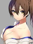 artist_name bare_shoulders breasts brown_eyes brown_hair cleavage collarbone grey_background japanese_clothes jpeg_artifacts kaga_(kantai_collection) kantai_collection large_breasts matarou_(genkai_toppa) off_shoulder short_hair side_ponytail simple_background solo 
