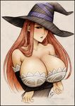  bare_shoulders breast_hold breasts brown_eyes cleavage detached_sleeves dragon's_crown hat huge_breasts long_hair solo sorceress_(dragon's_crown) wickedj witch_hat 