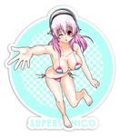  bad_id bad_pixiv_id barefoot bikini blush breasts cleavage headphones ichi/mine large_breasts long_hair looking_at_viewer nitroplus one_eye_closed open_mouth pink_eyes pink_hair solo super_sonico swimsuit 