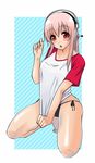  bad_id bad_pixiv_id black_panties blush breasts headphones highres ichi/mine kneeling large_breasts long_hair looking_at_viewer nitroplus no_pants open_mouth panties pink_eyes pink_hair polka_dot polka_dot_panties raglan_sleeves shirt_tug side-tie_panties solo super_sonico underwear 