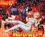  1girl amana_(hunter_x_hunter) asta_(hunter_x_hunter) bandage breasts candy hair_over_one_eye halloween hat hunter_x_hunter large_breasts licking mummy orange_hair short_hair simple_background snake solo sweets underboob witch witch_hat 