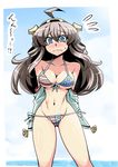  american_flag_bikini bikini blue_eyes blush breasts brown_hair cleavage detached_sleeves double_bun embarrassed flag_print front-tie_top hairband highres kantai_collection kongou_(kantai_collection) large_breasts long_hair navel open_clothes shiny shiny_skin solo strap_gap swimsuit tears tsuki_wani 