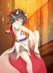  bare_legs black_hair dress foreshortening highres horns kijin_seija killing multicolored_hair orb red_eyes sandals short_hair short_sleeves sitting sitting_on_object touhou yin_yang 