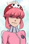  alternate_costume beanie hat highres jacket jakuzure_nonon kill_la_kill pink_eyes pink_hair short_hair skull_print smile solo track_jacket typo_(requiemdusk) upper_body 