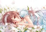  breasts brown_eyes brown_hair butterfly cleavage dress flowers original tukino_(panna) 