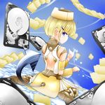  back_cutout bad_id bad_pixiv_id blonde_hair blue_eyes boots commentary directional_arrow folder hard_drive hat highres hito_noma original paper personification pinky_out short_hair sitting tail wariza 