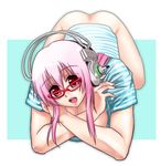  bad_id bad_pixiv_id blush bottomless breasts cleavage crossed_arms glasses headphones ichi/mine large_breasts long_hair looking_at_viewer nitroplus open_mouth pink_eyes pink_hair smile solo super_sonico top-down_bottom-up 