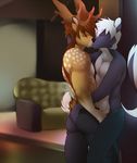  anthro antlers beard clothing duo eyes_closed facial_hair fondling gay horn jailbird jegermaistro kissing male mammal pants skunk stag topless 