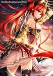  horns kaho_okashii long_hair original pointy_ears red_eyes red_hair solo sword thighhighs weapon 