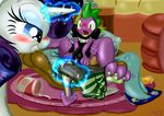  basket bedroom blanket blue_eyes blush briefs clothing comic_book covering dragon duo embarrassed equine erection eyeshadow fangs female feral friendship_is_magic frist44 fur green_eyes hair hindpaw horn horse ice_cream magic makeup male mammal my_little_pony paws penis pony purple_hair purple_scales rarity_(mlp) shirt shirt_pull soda spike_(mlp) underwear undressing unicorn white_fur 