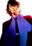  bad_id bad_pixiv_id beard cigarette facial_hair jacket jigen_daisuke looking_at_viewer lupin_iii ma2 male_focus manly necktie open_clothes open_jacket shirt smoking solo watch white_background 