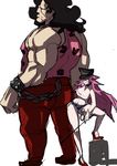 1girl absurdres black_hair blue_eyes breasts chain choker cleavage curly_hair final_fight hat height_difference highres hugo_andore large_breasts long_hair makai midriff muscle peaked_cap pink_hair poison_(final_fight) red_footwear riding_crop shoes smile strapless street_fighter street_fighter_iii_(series) tank_top tubetop 