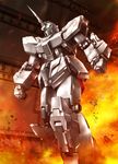 commentary_request explosion fire glowing glowing_eyes gundam gundam_unicorn hangar highres mecha no_humans photoshop_(medium) robot solo unicorn_gundam zb_(dawn-blue) 