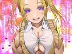  1girl :d aebafuti blonde_hair blush breast_grab breasts button_gap cleavage grabbing hair_between_eyes hetero highres large_breasts open_mouth out_of_frame paizuri paizuri_under_clothes penis perpendicular_paizuri pov pov_hands purple_eyes school_uniform smile translation_request twintails 