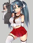  bare_shoulders blush breasts collarbone crop_top crop_top_overhang detached_sleeves green_eyes green_hair grey_background gun hair_ribbon isuzu_(kantai_collection) kantai_collection large_breasts long_hair looking_at_viewer matarou_(genkai_toppa) midriff open_mouth ribbon simple_background skindentation skirt smile solo strap thighhighs trigger_discipline twintails weapon white_legwear 