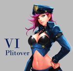  absurdres blue_eyes breasts character_name cleavage daeho_cha earrings hand_on_hip hat highres jacket jewelry large_breasts league_of_legends long_sleeves midriff navel officer_vi pink_hair police police_hat police_uniform policewoman smile solo sunglasses typo uniform vi_(league_of_legends) 
