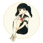  :d ayu_(mog) bad_id bad_pixiv_id black_hair brown_eyes full_body leg_hug neckerchief open_mouth pleated_skirt school_uniform serafuku shoes short_sleeves siren siren_2 sitting skirt smile sneakers socks solo twintails white_legwear yagura_ichiko 