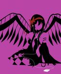  akemi_homura akuma_homura apple_inc. argyle argyle_legwear bare_shoulders black_gloves black_hair black_wings bow choker digital_media_player dress elbow_gloves faceless feathered_wings food fruit gloves hair_bow ipod ipod_ad long_hair mahou_shoujo_madoka_magica mahou_shoujo_madoka_magica_movie monochrome parody purple_background saya_(riongirl-only1) silhouette simple_background solo spoilers style_parody thighhighs wings 