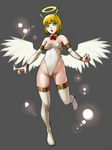  1girl angel_(monster_farm) blonde_hair breasts fang fur green_eyes grey_background leotard monster_farm monster_girl short_hair simple_background solo tkln wings 