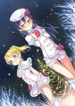  ayase_eli blonde_hair blue_eyes blue_hair dress earrings embarrassed gift hat jewelry long_hair long_sleeves love_live! love_live!_school_idol_project multiple_girls pink_dress ponytail shitou_(1992116210) shorts snow_halation snowing sonoda_umi yellow_eyes yuri 