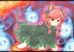  all_fours animal_ears bad_id bad_pixiv_id braid cat_ears cat_tail dress ellipsis_(mitei) fire frilled_dress frilled_sleeves frills kaenbyou_rin long_sleeves multiple_tails red_eyes red_hair short_hair spirit tail touhou twin_braids two_tails 