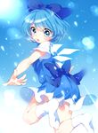  blue_dress blue_eyes blue_hair bow cirno dress hair_bow ice ice_wings looking_at_viewer looking_back open_mouth paragasu_(parags112) shirt short_sleeves solo touhou wings 