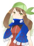  alternate_costume bandana brown_hair dress green_eyes haruka_(pokemon) hat orange_dress pokemon pokemon_(game) pokemon_emerald pokemon_rse scarf smile solo themed_object vuipui 