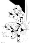  cup greyscale highres horn hoshiguma_yuugi long_hair monochrome pointy_ears sakazuki sandals shinoasa sitting skirt smile solo touhou 