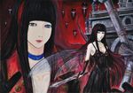  1girl artist_request black_hair blue_eyes choker dress fairy_wings female j-rock lipstick long_hair looking_at_viewer makeup multicolored_hair musician realistic solo straight_hair sword traditional_media two-tone_hair weapon wings yousei_teikoku yui_(yousei_teikoku) 