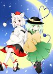  :d animal_ears crescent_moon crossed_arms detached_sleeves fang green_eyes green_hair hat inubashiri_momiji komeiji_koishi moon multiple_girls open_mouth pom_pom_(clothes) red_eyes shirt short_hair skirt sky smile star_(sky) starry_sky tail third_eye tokin_hat touhou white_hair wide_sleeves wolf_ears wolf_tail yuzuna99 
