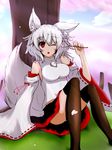  :3 absurdres animal_ears bare_shoulders black_legwear blush breasts detached_sleeves fangs hat highres inubashiri_momiji kadgln large_breasts looking_at_viewer midriff one_eye_closed open_mouth panties pom_pom_(clothes) red_eyes shirt short_hair silver_hair sitting skirt thighhighs tokin_hat touhou underwear white_shirt wolf_ears 