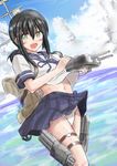  black_hair cannon fubuki_(kantai_collection) green_eyes ichikawa_feesu kantai_collection long_hair looking_at_viewer machinery navel open_mouth panties ponytail school_uniform serafuku skirt smile solo underwear water white_panties 