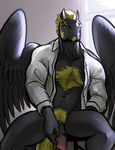  anthro bgn big_penis black_fur blonde_hair body_hair bottomless chest_hair clothed clothing equine eyewear flaccid fur glasses hair half-dressed huge_penis male mammal onyx_(character) onyxtanuki open_shirt pegasus penis ponyx pubes shirt sitting soft_cock solo wings 