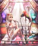  bad_id bad_pixiv_id banned_artist bird blonde_hair breasts cleavage hookah jewelry large_breasts macaw original parrot purple_eyes red-and-green_macaw short_hair solo yazuwo 