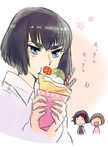  black_hair blue_eyes crepe dessert eating eyebrows food fruit kill_la_kill kiryuuin_satsuki mankanshoku_mako matoi_ryuuko multiple_girls pokira shirt short_hair spoilers strawberry thick_eyebrows 