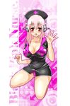  bad_id bad_pixiv_id blush breasts cleavage dress hat headphones ichi/mine large_breasts long_hair looking_at_viewer nitroplus no_pants nurse nurse_cap open_mouth pink_eyes pink_hair shiny shiny_clothes smile solo super_sonico 