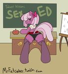  back_turned bedroom_eyes biting_lip blush bow butt camel_toe chalkboard cheerilee_(mlp) classroom clothing desk equine falord female friendship_is_magic from_behind fruit fur hair hooves horse legwear looking_at_viewer looking_back mammal mrfatcakes my_little_pony panties pink_hair pony presenting purple_fur raised_tail schoolgirl skirt smile solo stockings two_tone_hair underwear 