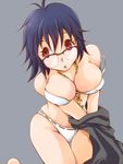  1girl black_hair bra breasts cleavage cross cross_necklace expressionless glasses hunter_x_hunter large_breasts shizuku_(hunter_x_hunter) short_hair simple_background underwear undressing 