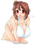  1girl ahoge all_fours bikini breasts brown_hair cleavage fat female hanging_breasts huge_breasts mikomu open_mouth original red_eyes short_hair simple_background solo swimsuit white_background white_bikini white_swimsuit 