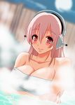  bad_id bad_pixiv_id bath blush breasts cleavage full_moon headphones ichi/mine large_breasts long_hair looking_at_viewer moon nitroplus onsen pink_eyes pink_hair smile solo super_sonico towel 