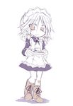  alternate_eye_color apron boots bow braid brown_eyes brown_footwear chibi cup full_body hair_bow izayoi_sakuya long_sleeves looking_at_viewer maid maid_apron maid_headdress monochrome puffy_sleeves satou_kibi saucer smile solo teacup touhou tray twin_braids white_background 