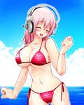  bad_id bad_pixiv_id bikini breasts cleavage closed_eyes day headphones ichi/mine large_breasts long_hair nitroplus open_mouth pink_hair smile solo striped striped_bikini super_sonico swimsuit 