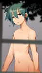  2014 androgynous areolae black_eyes censored convenient_censoring dated empty_eyes flat_chest from_outside green_hair groin kino kino_no_tabi navel nipple_slip nipples nude parted_lips reverse_trap short_hair sleepy solo tomboy window yugami_gooshu 