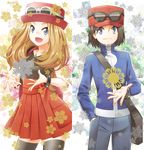  1girl :d azrain bag black_legwear blonde_hair blue_eyes bracelet brown_hair calme_(pokemon) denim eyewear_on_head flower hand_in_pocket hat jacket jeans jewelry long_hair open_mouth pants pleated_skirt pokemon pokemon_(game) pokemon_xy satchel serena_(pokemon) skindentation skirt smile snowflakes sunglasses thighhighs zettai_ryouiki 