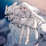  1girl berserker fate/stay_night fate_(series) illyasviel_von_einzbern long_hair red_eyes sitting_on_shoulder size_difference spot_color taa_(acid) 
