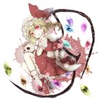  bad_id bad_pixiv_id blonde_hair blood blood_splatter fang fingernails flandre_scarlet full_body glowing glowing_eyes hat hat_ribbon head_rest highres looking_at_viewer mary_janes mob_cap parted_lips puffy_short_sleeves puffy_sleeves red_eyes ribbon shoes short_hair short_sleeves side_ponytail simple_background skirt skirt_set skull slit_pupils socks solo sparkle touhou white_background wings yumeichigo_alice 