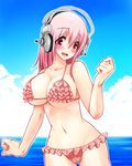  bad_id bad_pixiv_id bikini blush breasts cleavage frilled_bikini frills headphones ichi/mine large_breasts long_hair looking_at_viewer nitroplus open_mouth pink_eyes pink_hair solo super_sonico surprised swimsuit 